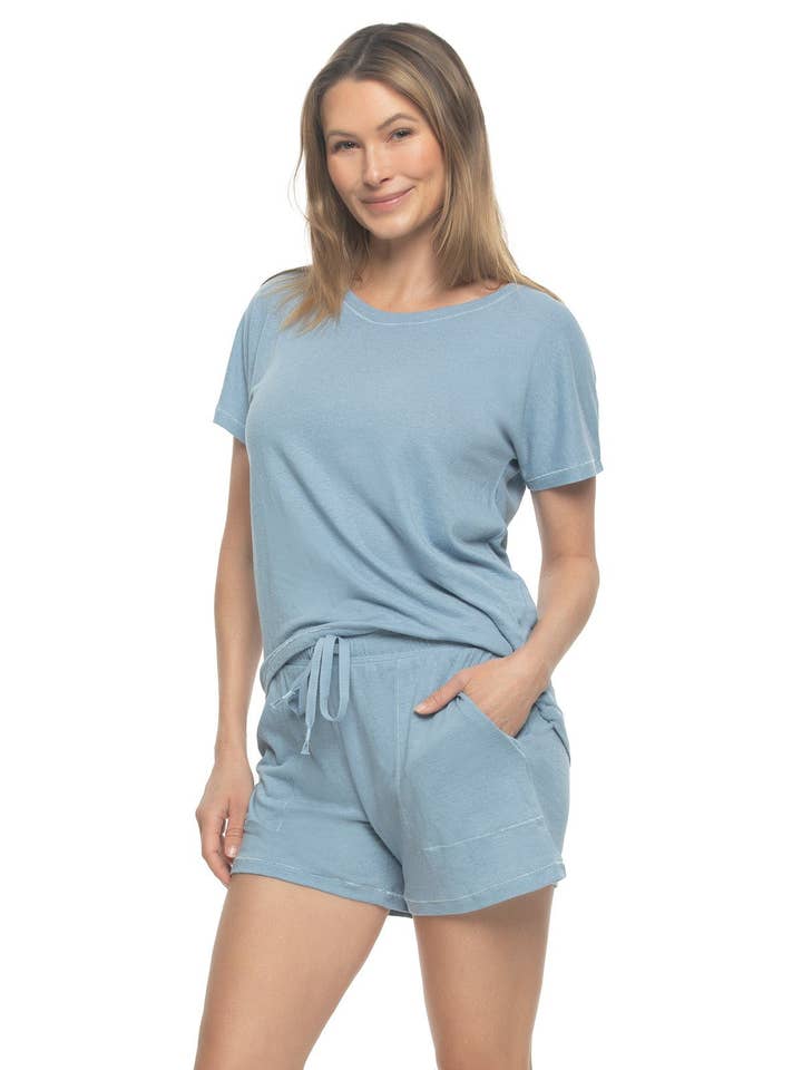 Lauren Linen Blend Short Pajama Set - Dusty Blue for wholesale on Faire1