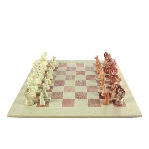 Global Crafts - Wholesale Board Game - Africa Soapstone Carved Chess Set - Safari Animals Pink/Nat5