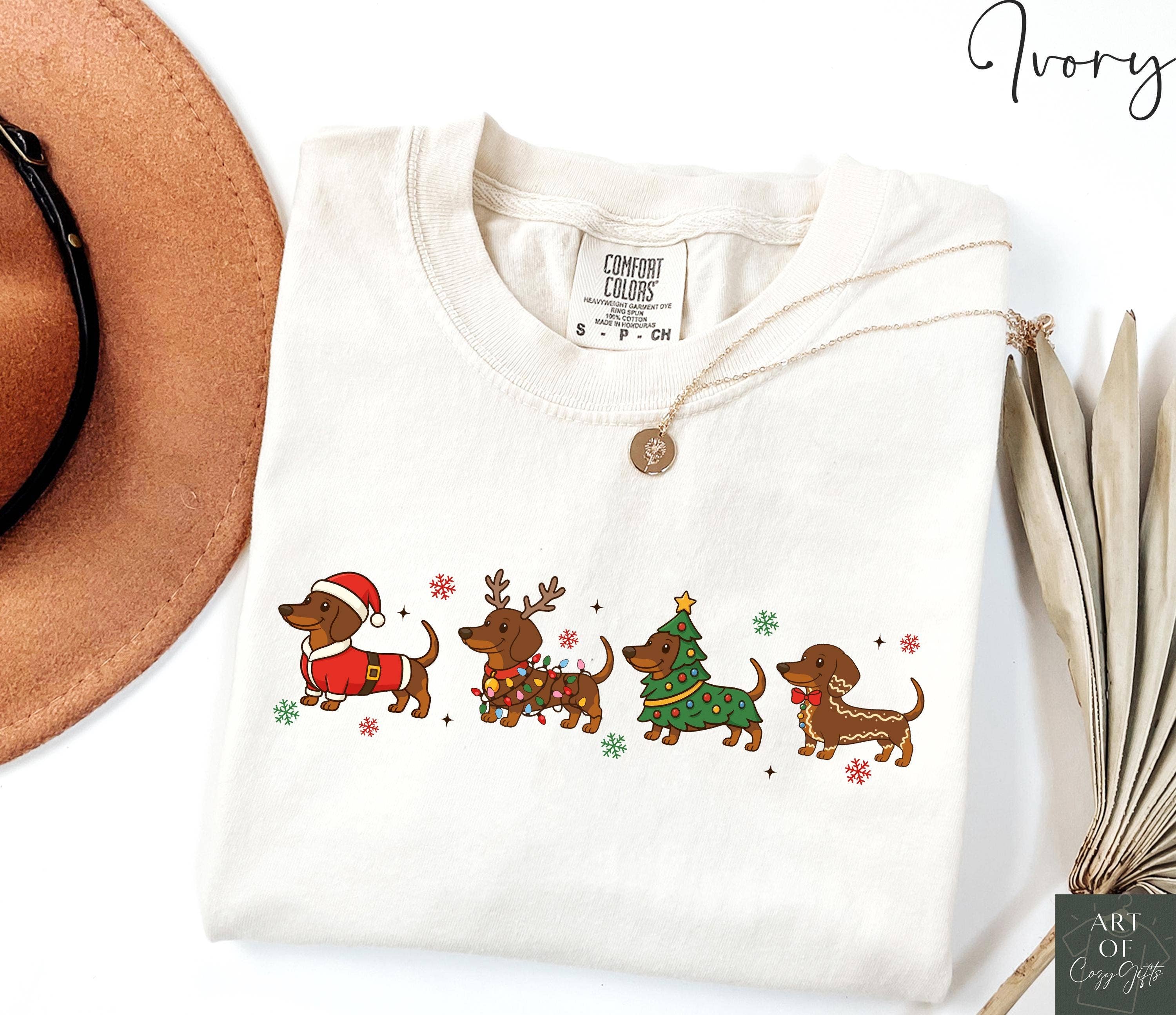 Glaime - Vente T-shirt à imprimés – femme - T-shirt de Noël Comfort Colors Teckel, Pull Chien Saucisse1