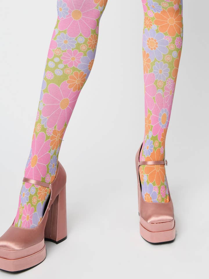 Unique Vintage - Wholesale Tights - Women's - Smak Parlour 1960s Pink & Green Flower Power Tights