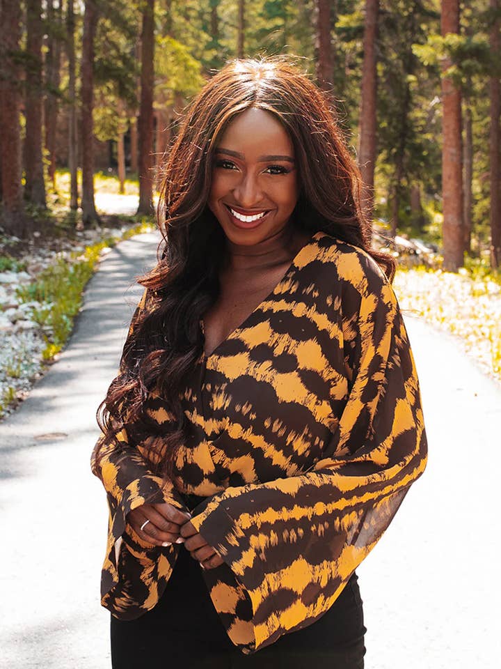 BuddyLove - Wholesale Bodysuit - Women's - Ariana Radioactive Yellow/Brown Bell Sleeve Bodysuit