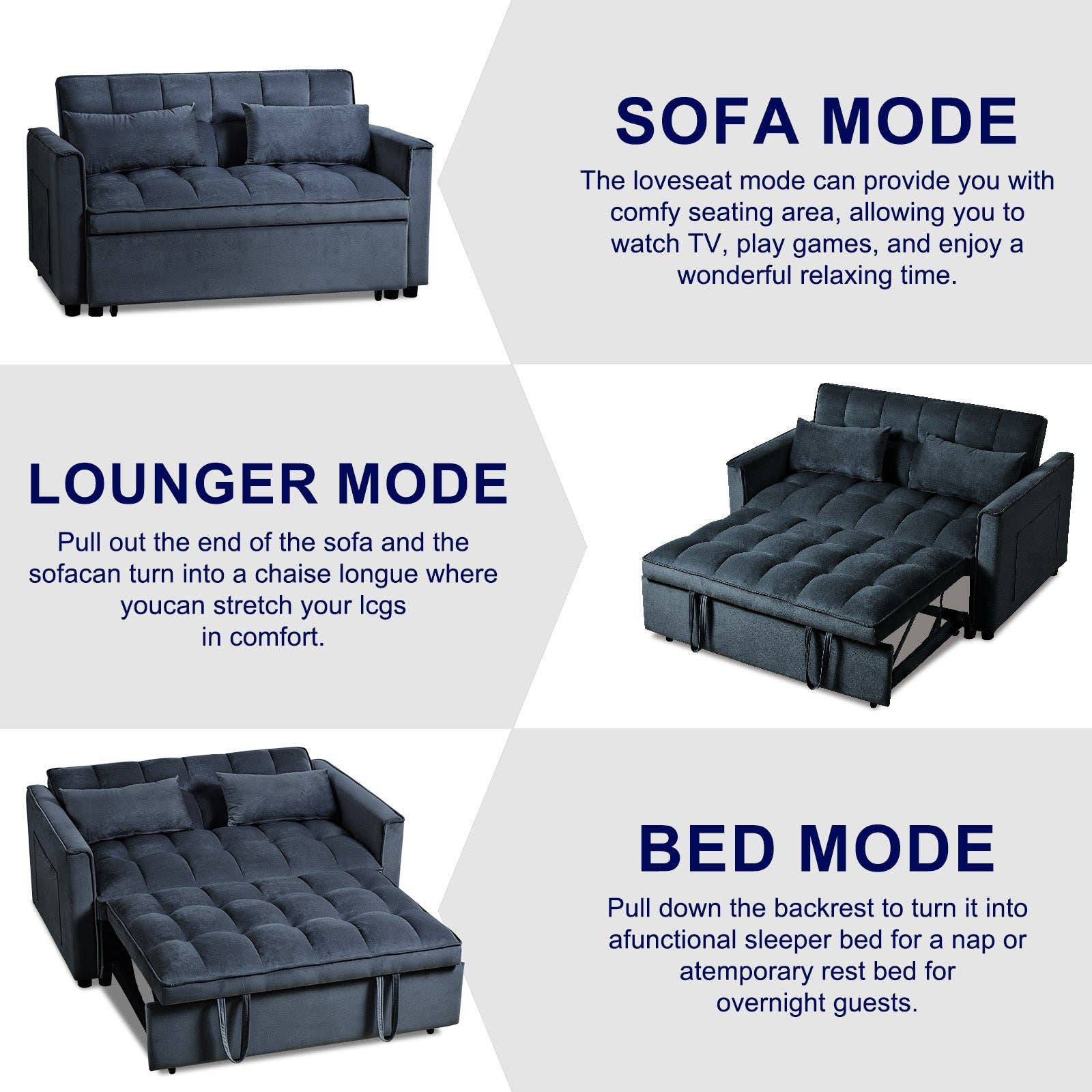 39F Inc. - Wholesale Sofa - 3-in-1 Convertible Sleeper Sofa Bed, Velvet Loveseat-Black3