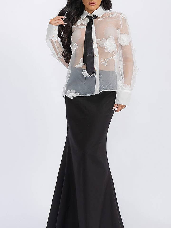 Conjunto de blusa transparente con detalle floral y falda larga. para venta al por mayor de ROUSSEAU