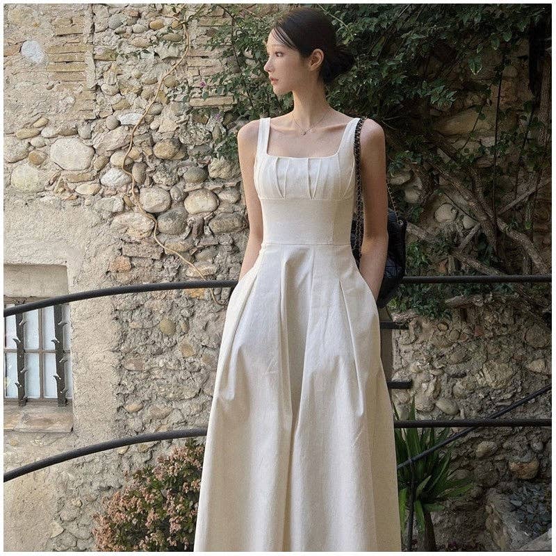 FurDecoration - Vente Robe – femme - Robe cintrée chic à col en V et taille plissée de couleur unie8