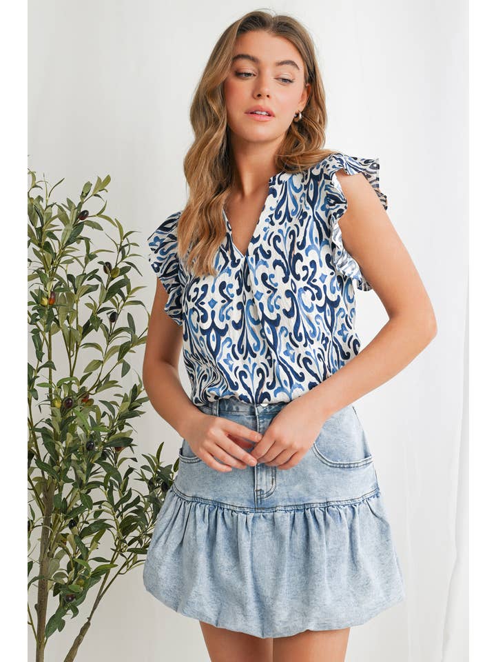 As shown Boho Abstract Print Pintuck Detail Ruffled Top | S-XL for wholesale on Faire