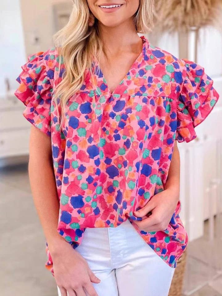 Polka dot print ruffle V-neck blouse top for wholesale by Rosa Clothing