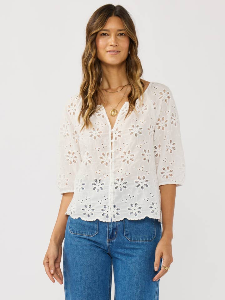 Floral Eyelet V-Neck Button Blouse for wholesale by Lovestitch