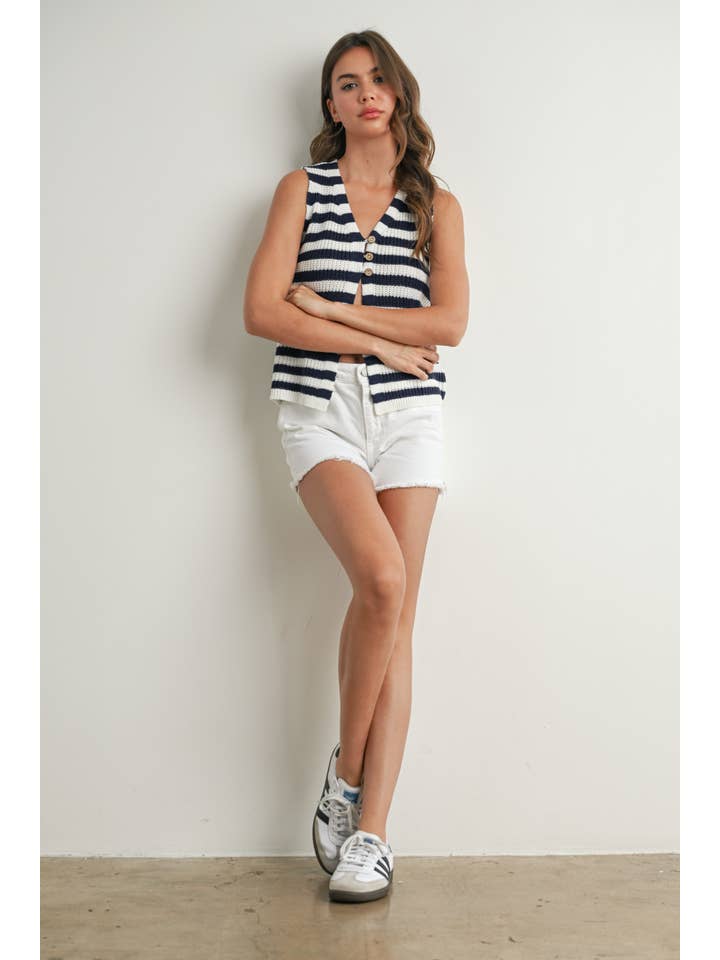 BUTTERMELON - Wholesale Sweater Vest - Women's - Striped Button-Front Sweater Vest - BMW7733