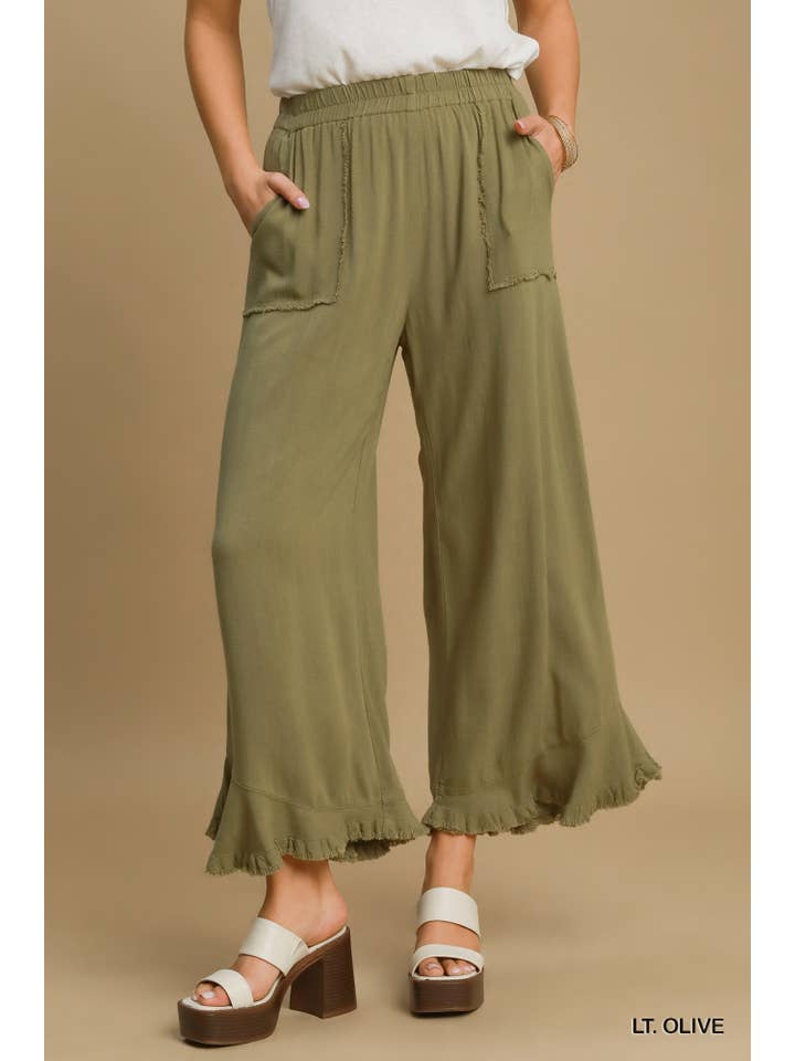 Vanilla Monkey - Wholesale Pants - Women's - Linen Blend Elastic Waist Band Wide Frayed Hem Pants