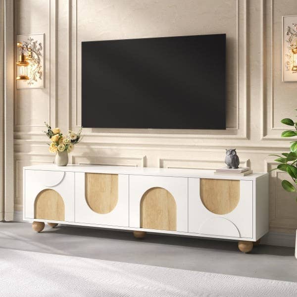 HOMYCASA DESIGN INC - Wholesale Console Table - Farmhouse TV Stand with Cable Holes for TVs up to 75', Cream Style Media Console with Rebound Device, Elegant Entertainment Center with 5 Solid Wood Legs for Living Room, Bedroom, White, 69.6'W14
