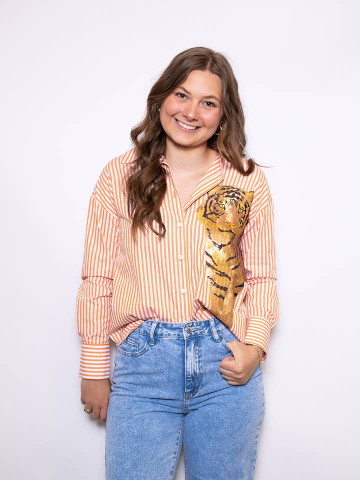 Wholesale | Women's Orange Striped Button Down Sequin Tiger for wholesale by BOMB DESIGNS