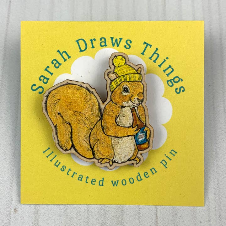 Beer Squirrel - 1.5" illustrated wooden pin for wholesale by Sarah Draws Things