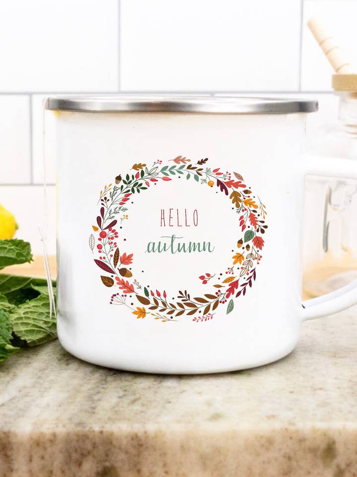 Hello Autumn - Autumn Camping Mug for wholesale by Sovende Bjorn