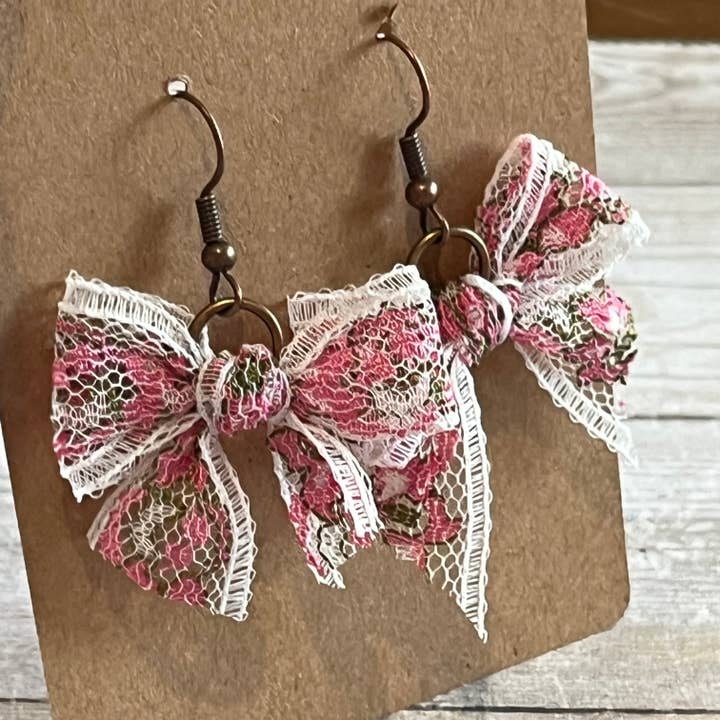 Lace Bow Earrings Pink and White Floral for wholesale by Open Window Studios