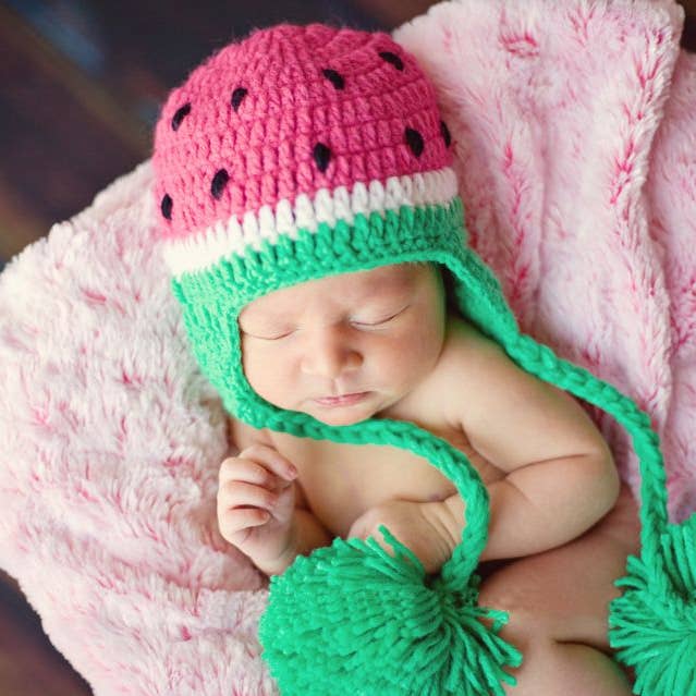 Green/Pink Watermelon Crocheted Handmade Heirloom Baby Hat for wholesale by The Daisy Baby LLC