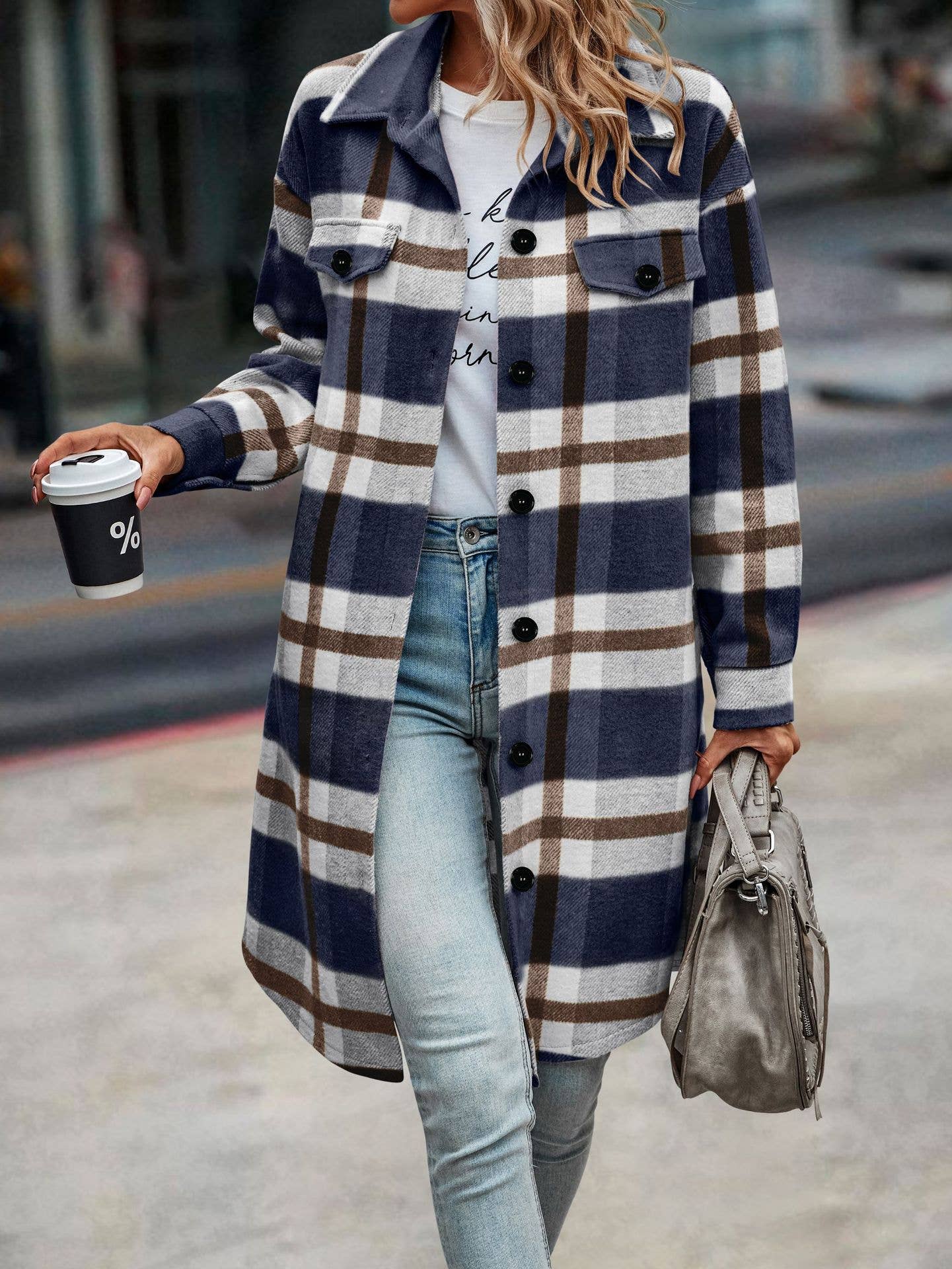 eLook - Wholesale Coat - Women's - SZ1-JK8211 Plaid Button Down Long Coat70