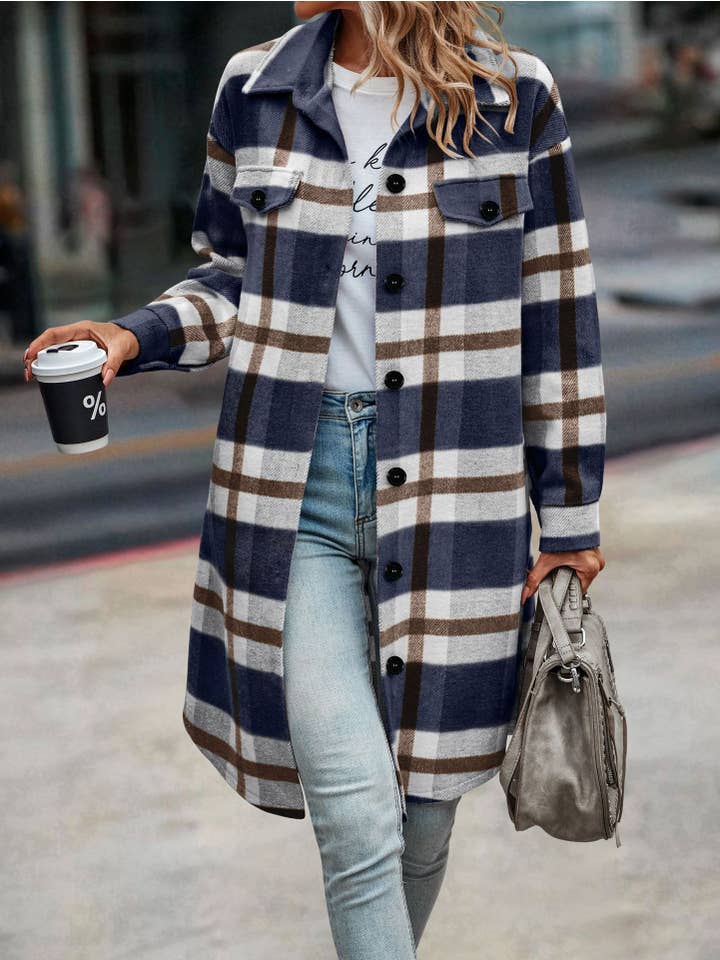 eLook - Vente Manteau – femme - Manteau long boutonné à carreaux SZ1-JK821170