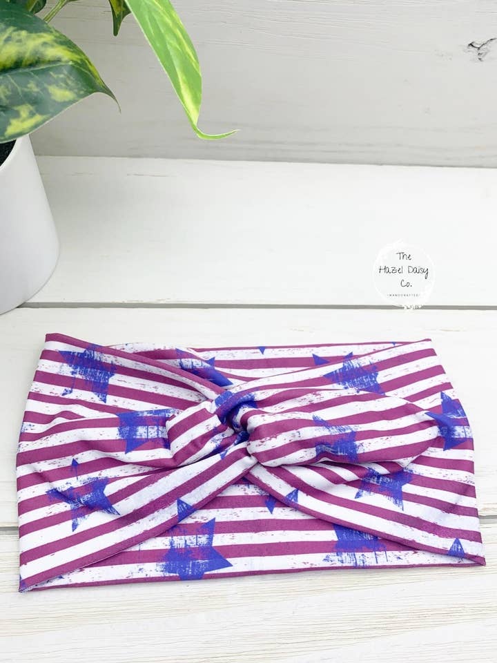 Stripes and Stars Front Knot Headband for wholesale by The Hazel Daisy Co