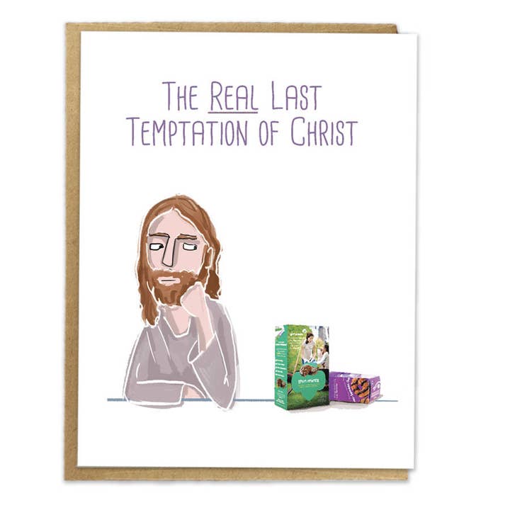 A Zillion Dollars - Wholesale Everyday Greeting Card - The Real Last Temptation of Christ; Funny Comic Card; Girl Scout Cookies; Girl Scouts; Jesus Tempted by Girl Scout Cookies; Thin Mints