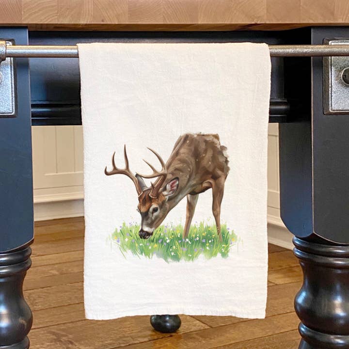 Buck in Spring Meadow - Oil Paint - Cotton Tea Towel for wholesale by North & Pine
