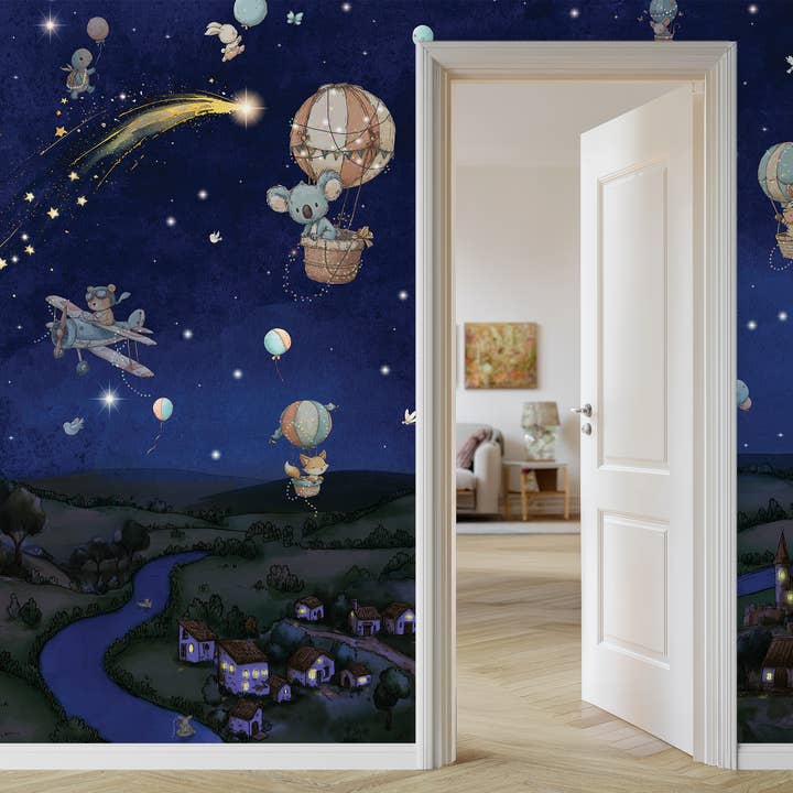Hot Air Balloon Nursery Wallpaper | Animal Sky Mural Dark Version for wholesale by Prime Decor Wallpaper