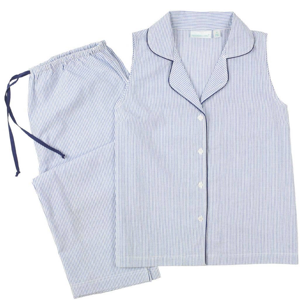 Needham Lane - Wholesale Sleepwear Set - Women's - Blue Seersucker-Navy Sleeveless Capri Pajamas