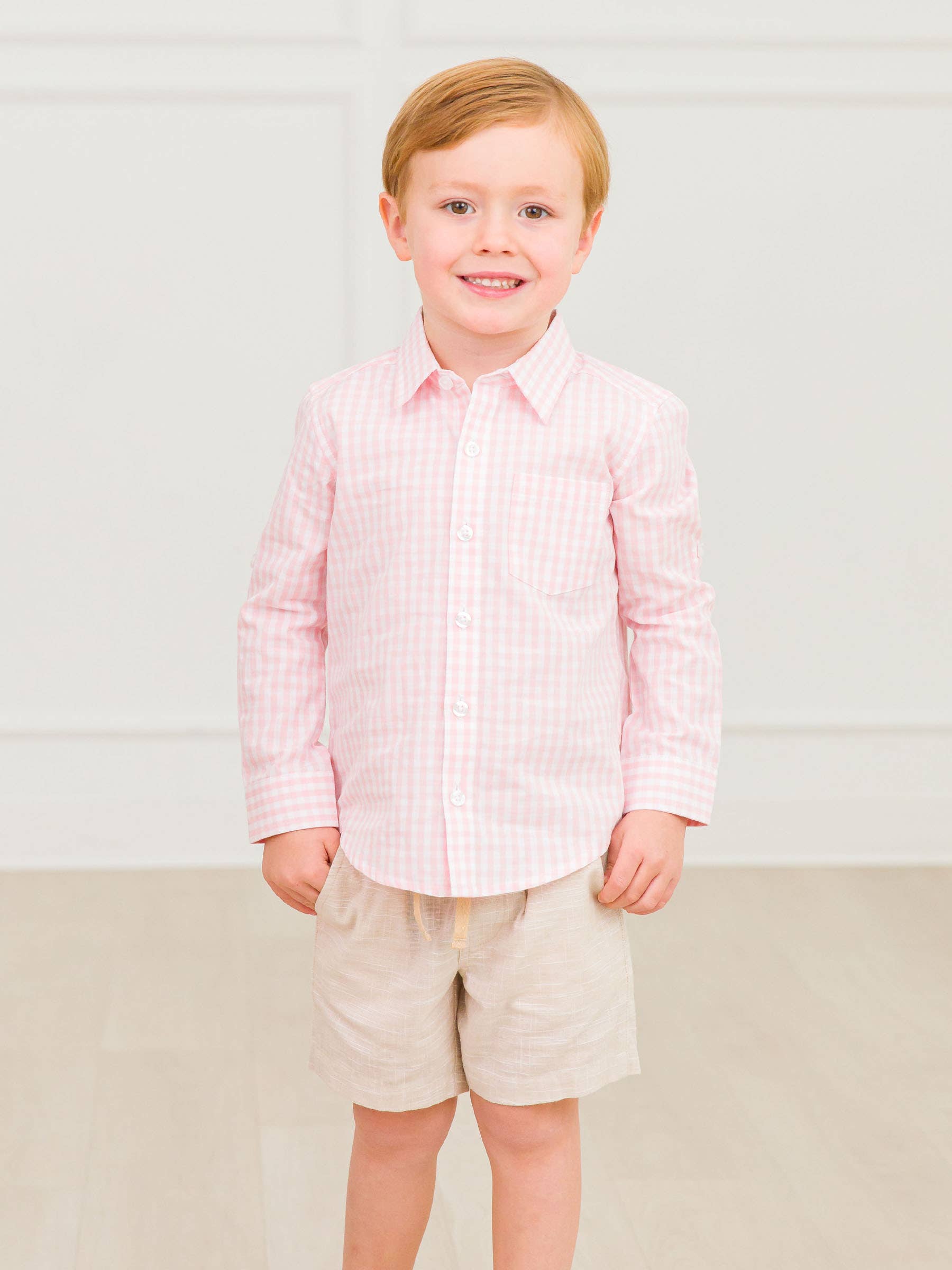 Boys Pink Gingham Check Long Sleeve Button Down Shirt for wholesale on Faire5