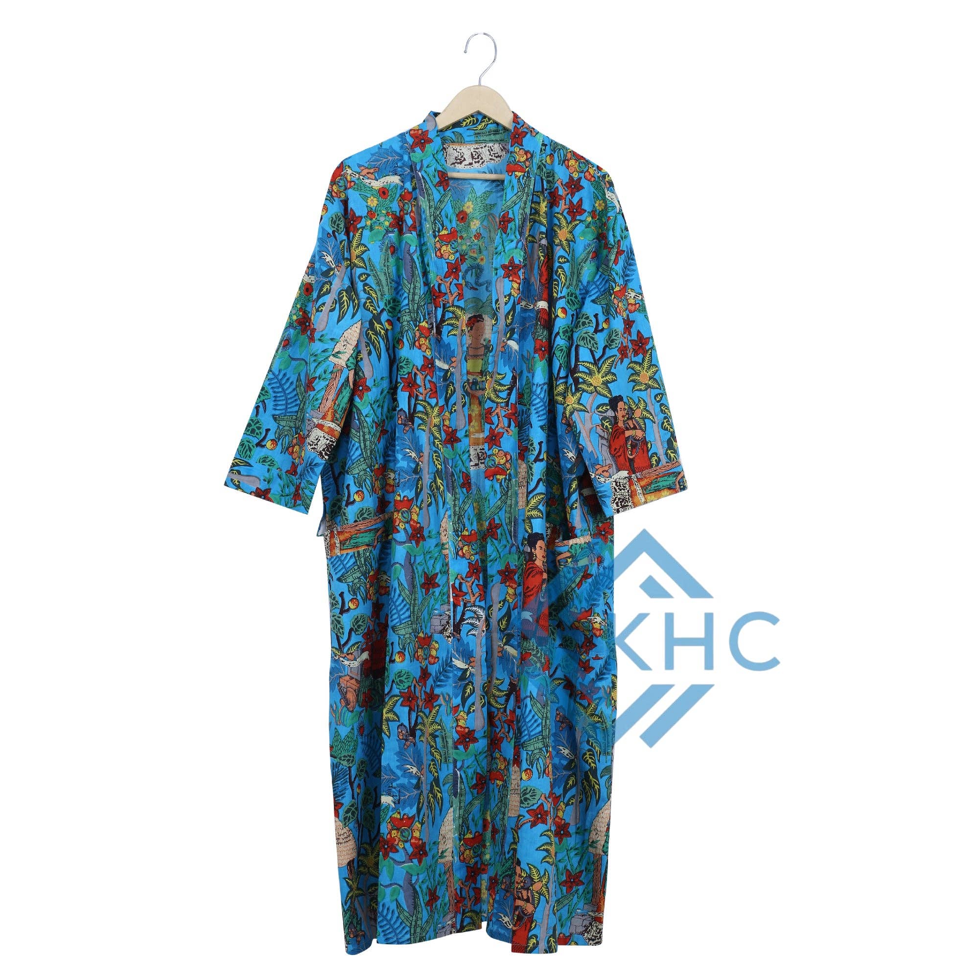KHC - Vente Peignoir – femme - Robe longue kimono 100 % coton pour femme imprimé bleu peignoir4