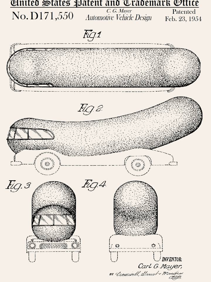 Automotive Vehicle Design Wienermobile Greeting Card for wholesale by PATENT PRESS GREETING CARDS