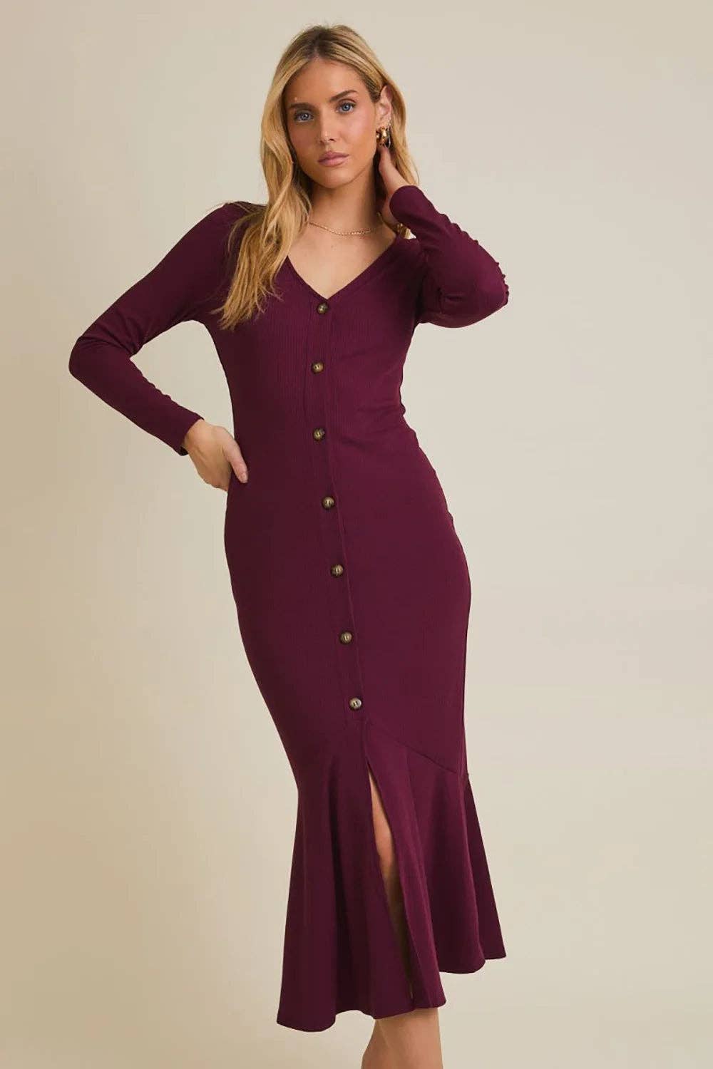 Wine Plum Ribbed Button Front Long Sleeve V-Neck Midi Dress with Flare Hem for wholesale on Faire3