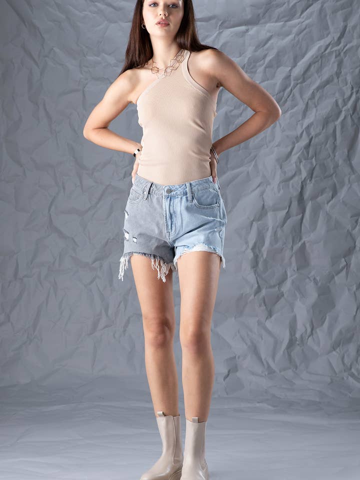 Efterår kvinders to tonet medio anledning nød kort Denim for engroshandel hos Ceros Jeans