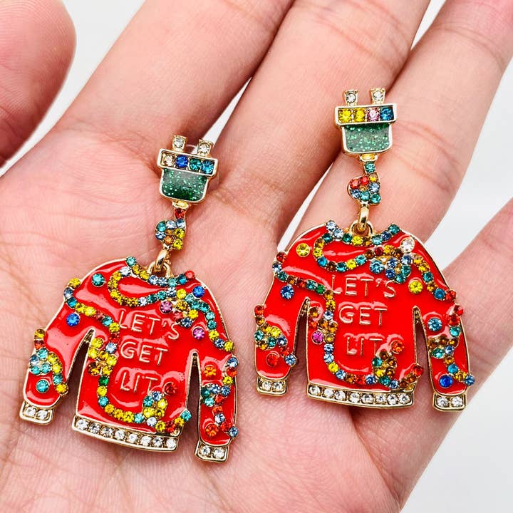 Mio Queena - Wholesale Dangle Earrings - Christmas "Let's Get It" Red Clothes Rhinestone Earrings