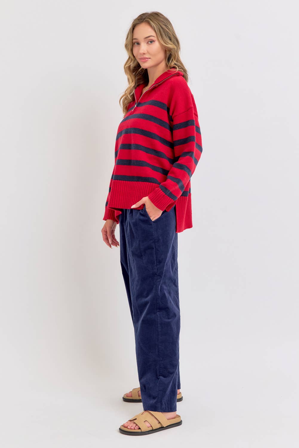 Sweet Lovely by Jen - Wholesale Knit Sweater - Women's - STRIPED ZIP-FRONT OVERSIZED PULLOVER KNIT SWEATER  11