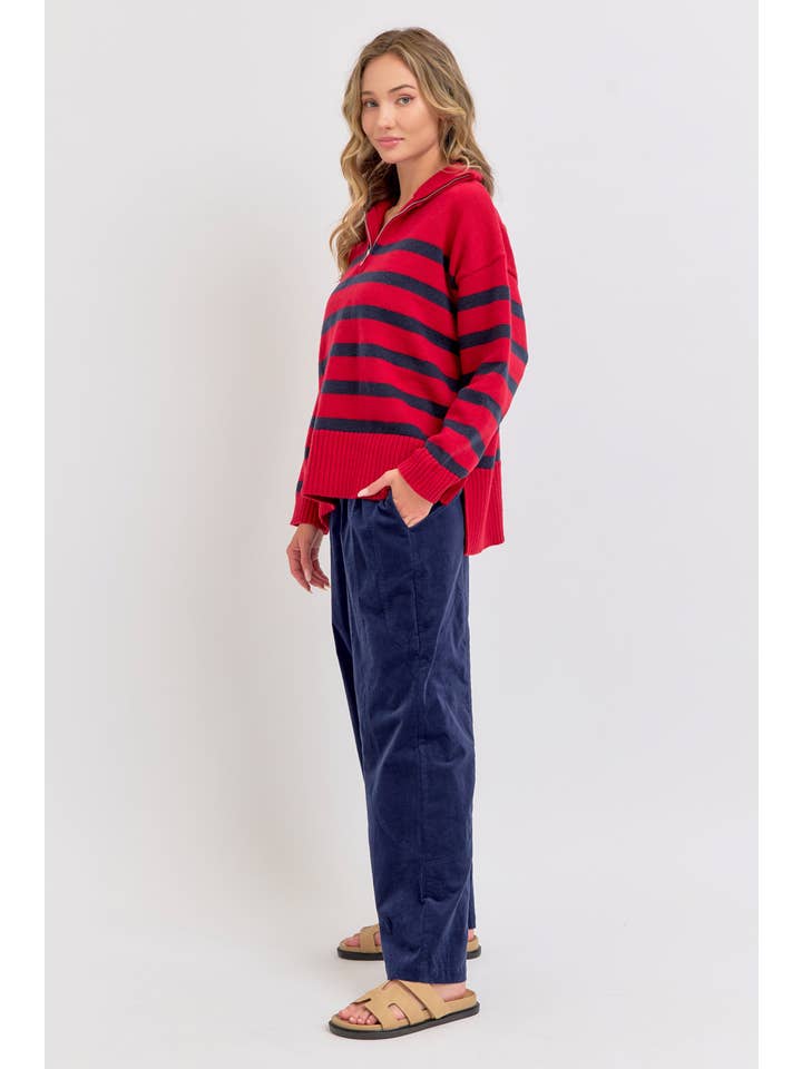 Sweet Lovely by Jen - Wholesale Knit Sweater - Women's - STRIPED ZIP-FRONT OVERSIZED PULLOVER KNIT SWEATER 11