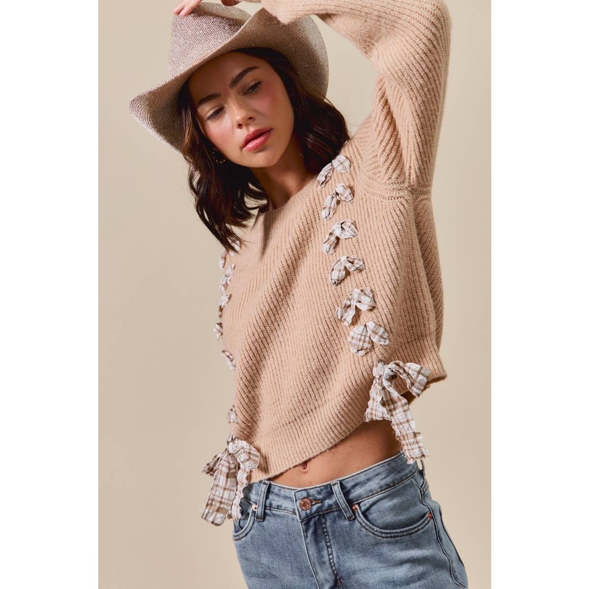 IVE - Wholesale Knit Sweater - Women's - Checkered Plaid Tape Lace Up Sweater Top7