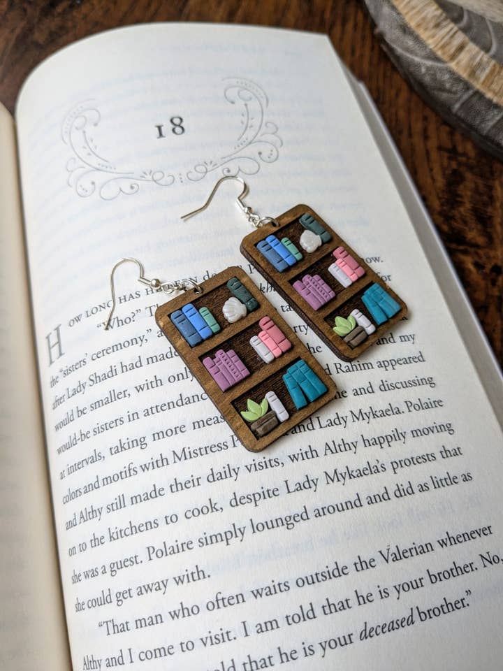 Wood And Clay Bookshelf Dangle Earrings for wholesale by Stag and Branch