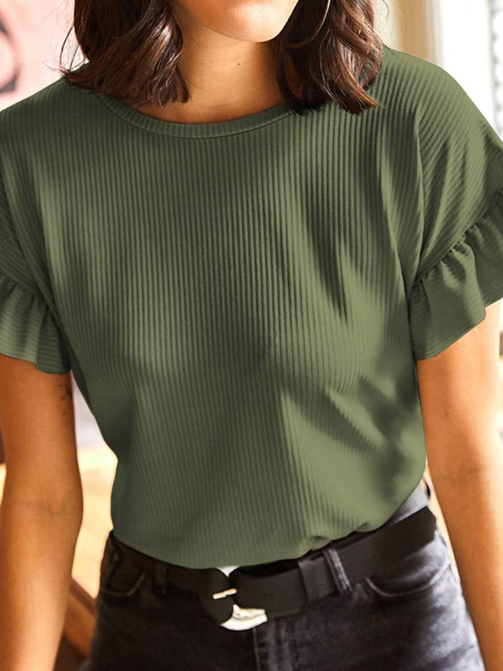 Jungle Green Solid Color Ribbed Ruffled Short Sleeve T Shirt for wholesale by Shoppe247