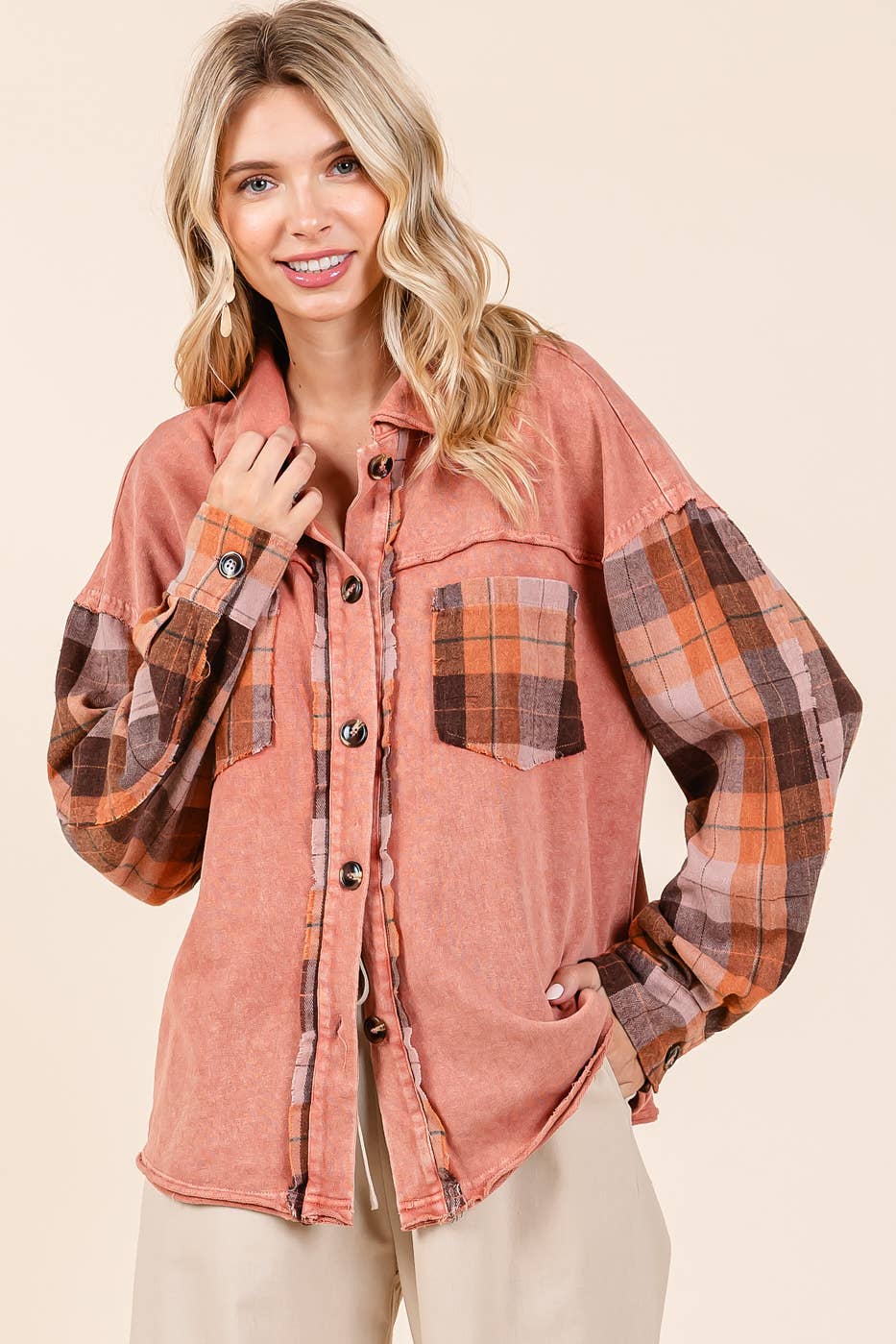 mittoshop - Wholesale Shirt Jacket/Shacket - Women's - MINERAL WASH CONTRAST PLAID PATCHWORK SHACKET4
