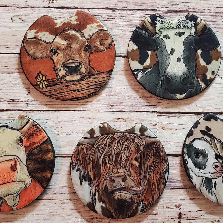 Car Coasters~ Cow Bundle, 5 sets of 2 for wholesale by Paxton's One Stop Shop LLC