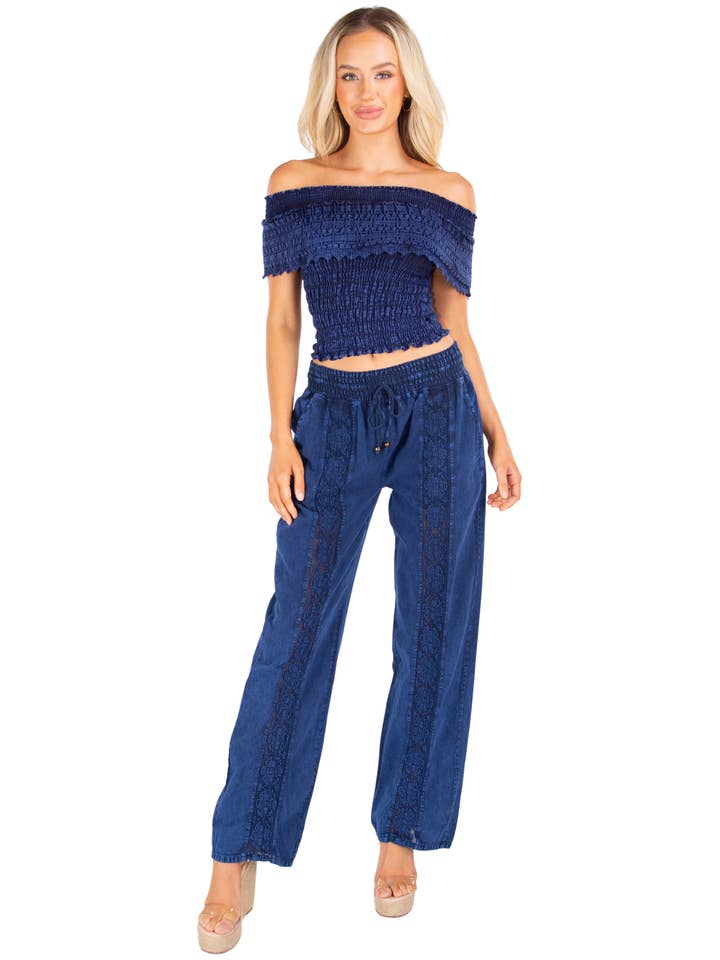 Hæklet Frontdetalje Bomulds Resortbukser – Marineblå for engroshandel hos Seaspice Resort Wear