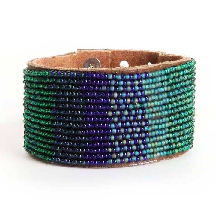 Large Gradient Peacock Beaded Leather Cuff for wholesale by Swahili Coast