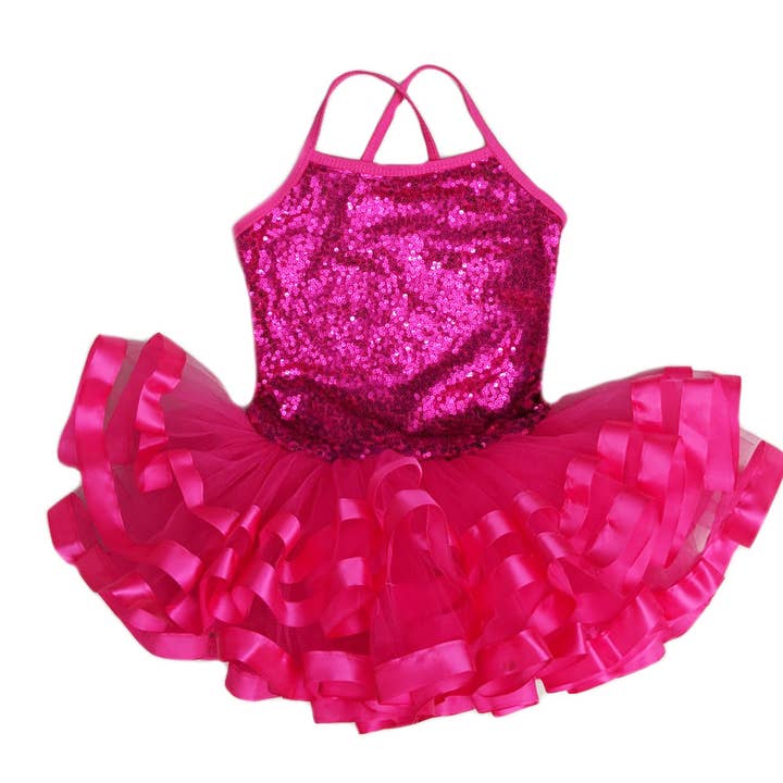 Hot Pink Sequins Cross Back Ribbon Ballet Dress for wholesale by Wenchoice