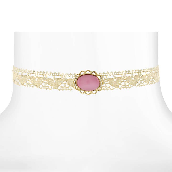 1928 Jewelry – wholesale Choker/collar – 1928 Jewelry Ivory Heart Lace Choker With Moonstone Necklace