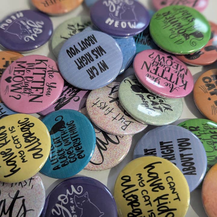 Made By Scratch Crafts - Wholesale Lapel Pin/Button - Cat Lover Button Pins | 1.25” Round Funny Cat Pin Assortment