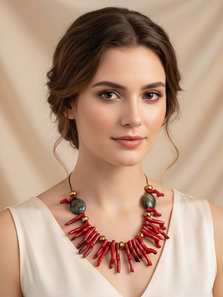 BDL13 - Statement Adjustable Resin Coral and crystal necklace for wholesale by Gist Jewellery