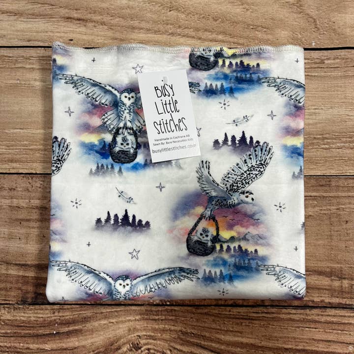 Snowy Owl White Toddler Blanket for wholesale by Busy Little Stitches