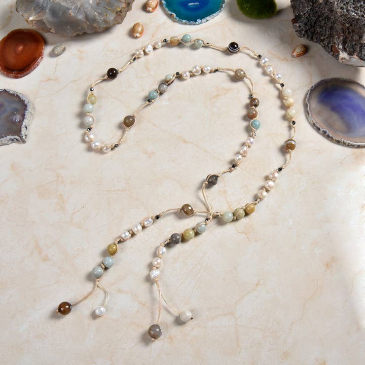 Amazonit- och pärlmix långt Lariat lagerhalsband för wholesale av IST Jewelry