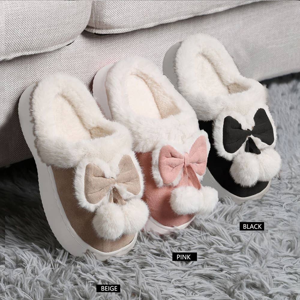 Sensibling Corp. - Wholesale Slippers - Women's - Bow Pom Pom Pointed Faux Suede Indoor Floor Slippers10