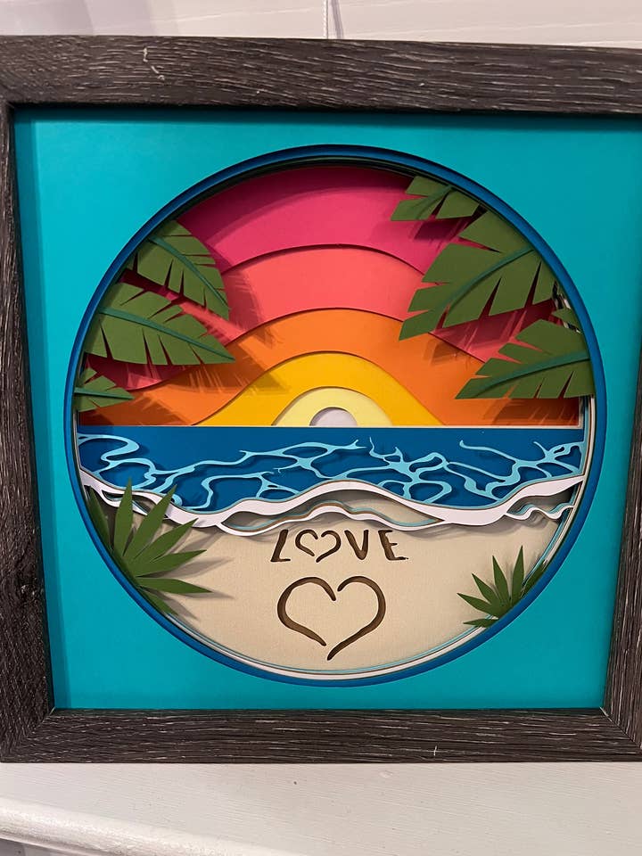 Love on the beach 3D paper art in a shadowbox for wholesale by Olivia Reagan Designs