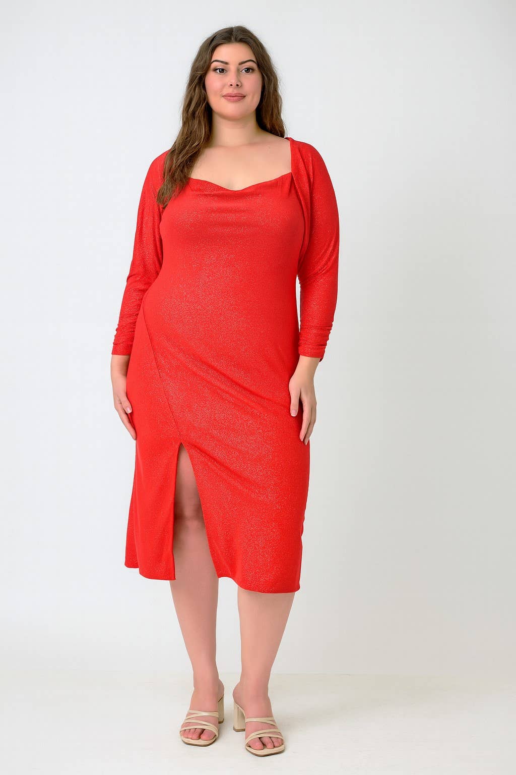 Haute Fox Plus Size & Contemporary - Wholesale Dress - Women's - Plus Size Shimmer Midi Dress with Front Slit JK18749-D1